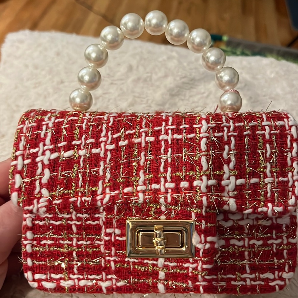 NWT Willow & Ruby Tweed, Pearl Handle Bag with Gold Chain